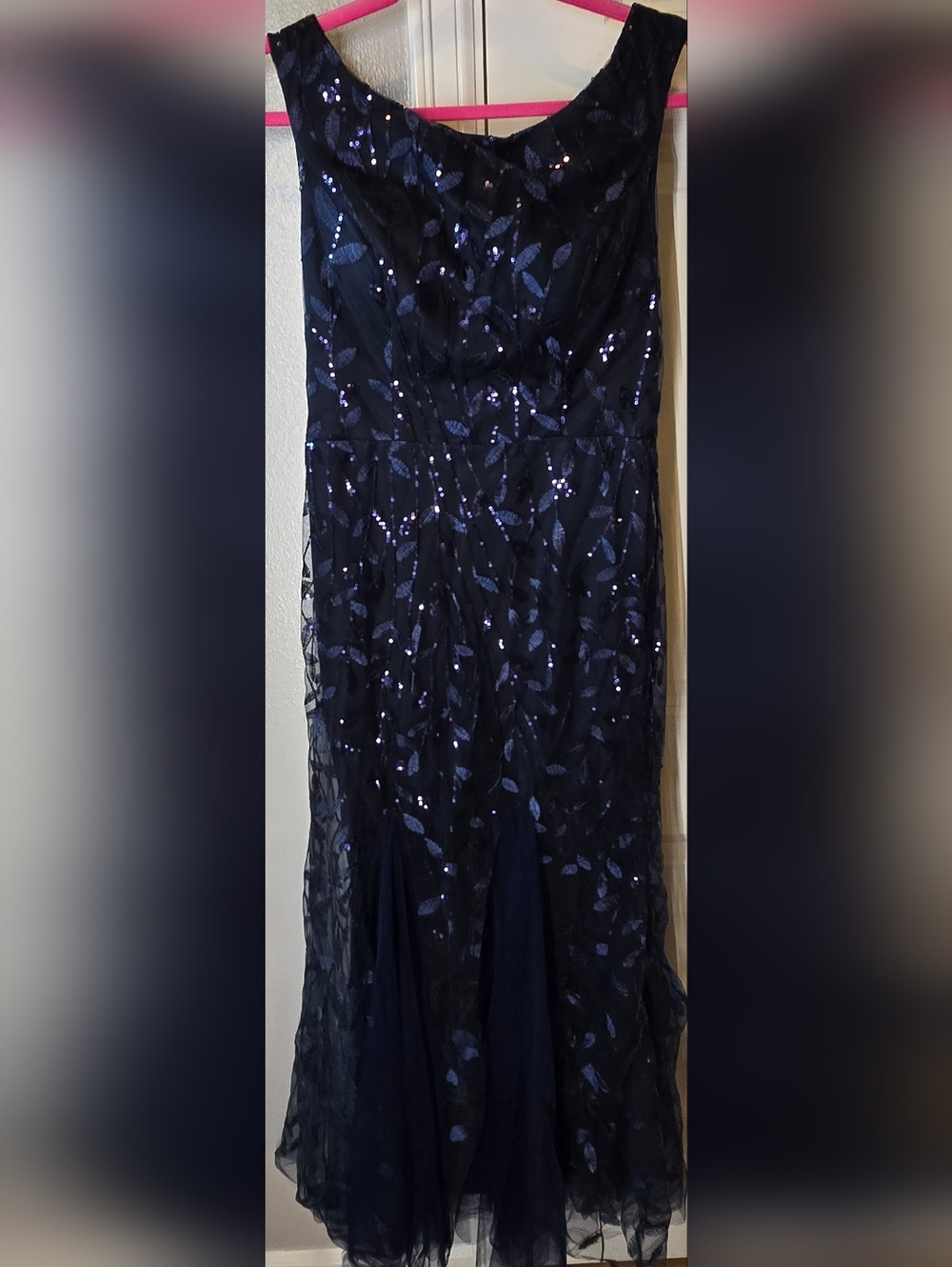 Navy Sequin Leaf-Pattern Evening Skirt